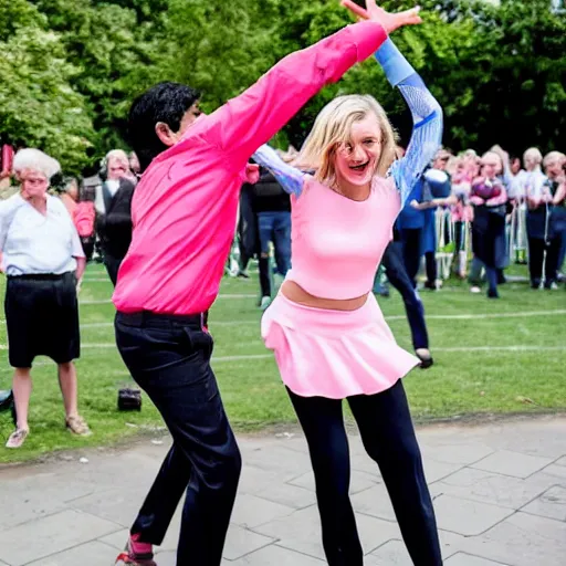 Prompt: Rishi Sunak and Liz Truss in a dance off, Rishi is serving Liz, it’s an 80s disco environment and there is a large crowd of pensioners watching 35mm 4k