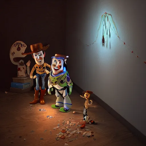 Image similar to Photorealistic creepy toy story woody in the style of Michael Whelan and Gustave Dore. Hyperdetailed photorealism, 108 megapixels, amazing depth, glowing rich colors, powerful imagery, 3D finalrender, 3d shading, cinematic lighting, artstation concept art