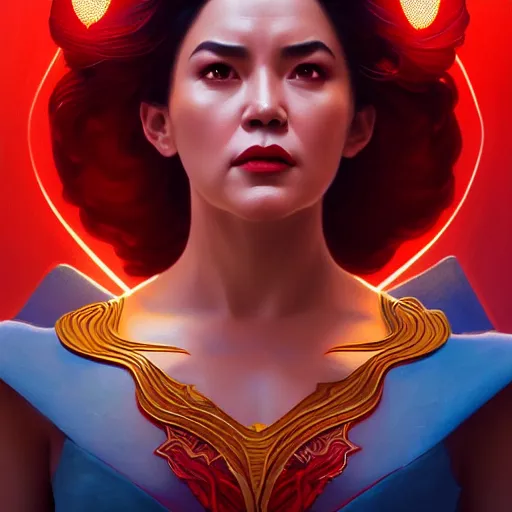 Image similar to bea alonzo as darna, volumetric lights, red and cyan theme, art nouveau botanicals, intricate, highly detailed, digital painting, artstation, concept art, smooth, sharp focus, cinematic, illustration, beautiful face, art by artgerm and greg rutkowski and alphonse mucha