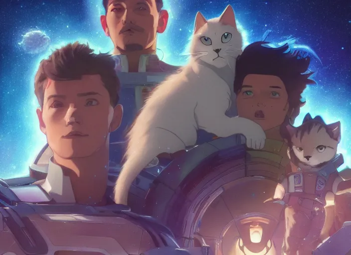 Image similar to a space handsome gay guys and their 1 0 pet space cats staring role in a musical sci - fi space opera ghibli animated film, volumetric lighting, octane render by stanley artgerm lau, greg rutkowski, thomas kindkade, alphonse mucha, loish, norman rockwel, 8 k greg rutkowski