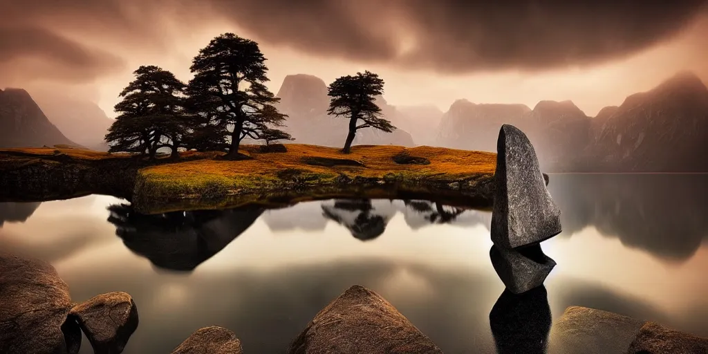 Prompt: amazing landscape photo of megalithic monolithic statue with lake at sunise by Marc Adamus beautiful dramatic lighting, surrealism