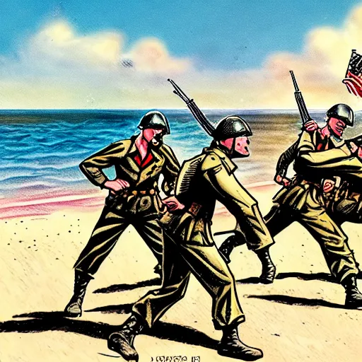 Prompt: a comic book art rendition of world war ii soldiers fighting on a beach