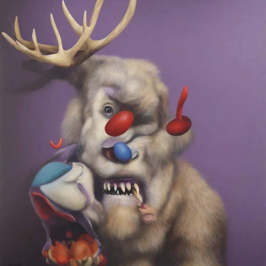 Image similar to rare hyper realistic painting by italian masters, symmetrical composition, studio lighting, dimly lit purple room, a blue rubber duck with antlers laughing at a giant laughing white bear with a clown mask