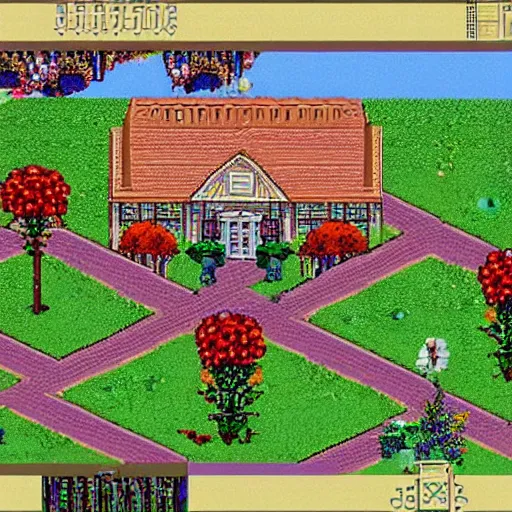 Prompt: a large house with flowers in front of it, from a Lucasarts graphic adventure game made in 1992