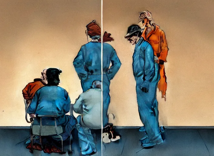 Image similar to a still from the movie one flew over the cuckoo's nest by francis bacon and norman rockwell and james jean, and mark brooks, triadic color scheme, by greg rutkowski, syd mead and edward hopper and norman rockwell and beksinski, dark surrealism, orange and turquoise