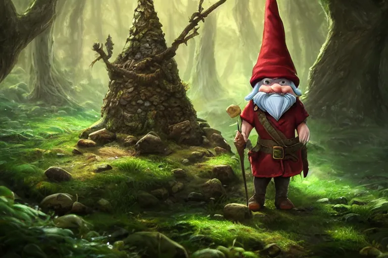 Image similar to legendary elegant gnome hold map and feel confuse in forest,, highly detailed, d & d, fantasy, highly detailed, digital painting, trending on artstation, concept art, sharp focus, illustration, global illumination, ray tracing, realistic shaded, art by artgerm and greg rutkowski and fuji choko and viktoria gavrilenko and hoang lap