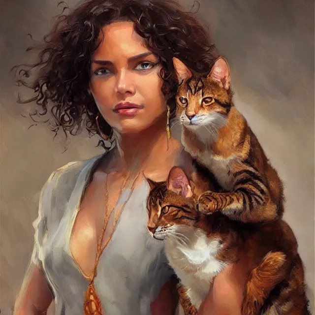 Image similar to a brown skinned woman with two cats, brown curly hair, portrait, elegant, intricate, digital painting, artstation, concept art, smooth, sharp focus, illustration, art by konstantin korovin and daniel f. gerhartz and john howe