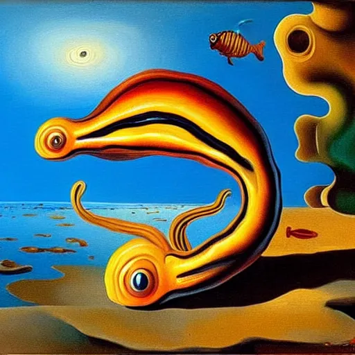 Image similar to oil painting of caramel cornstar fish by salvador dali, highly detailed, painted by someone who paints with their toes