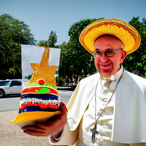 Prompt: pope john paul the 2 nd wearing a sombrero holding a taco, ( sony a 7 r iv, symmetric balance, polarizing filter, photolab, lightroom, 4 k, dolby vision, photography awardm, voque, perfect face )