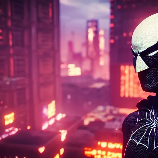 Image similar to a portrait of a spiderbatman , cyberpunk, highly detailed, unreal engine 5, 4K UHD image