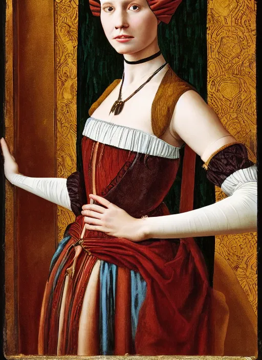 Prompt: portrait of young woman in renaissance dress and renaissance headdress, style by the fifth element