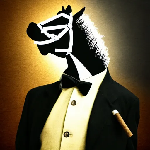 Image similar to an antropomorphic horse wearing a suit smoking a cigar