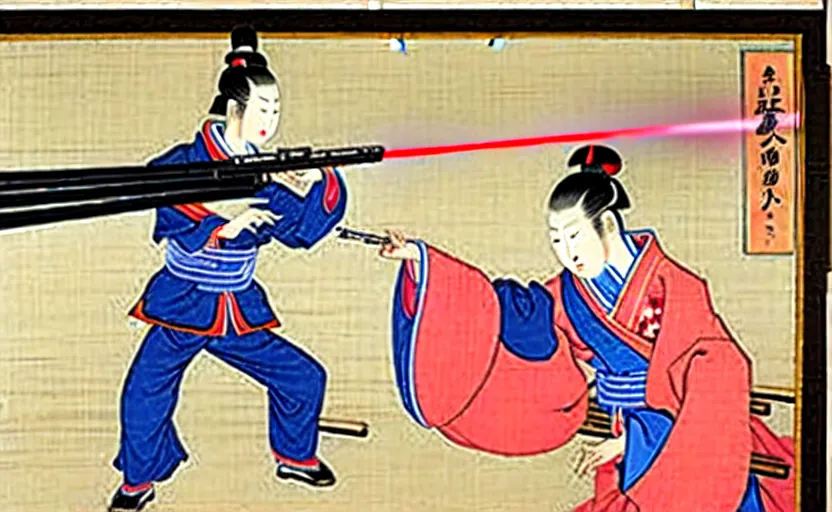 Image similar to a Japanese painting of the emperor of Japan shooting a laser gun