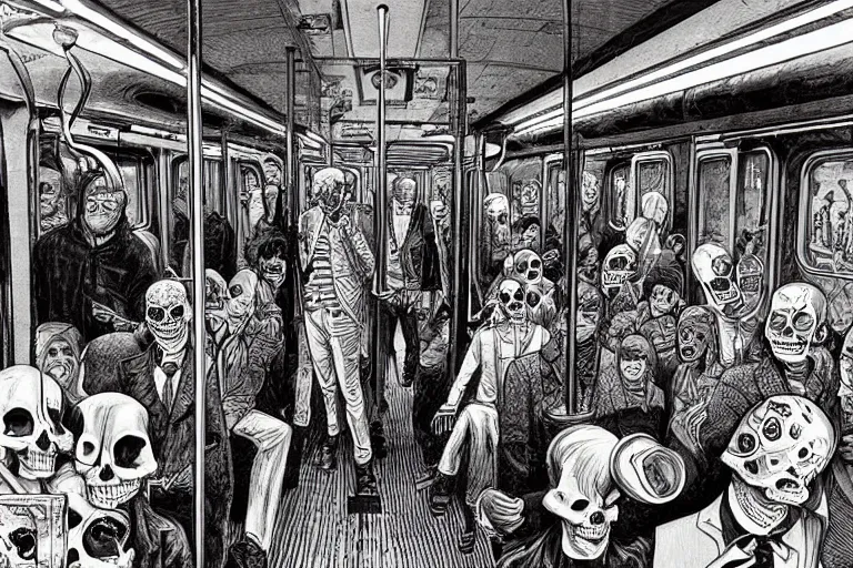 Image similar to scene from interior of a subway car, lunch, day of all the dead, skeletons, artwork by jean giraud