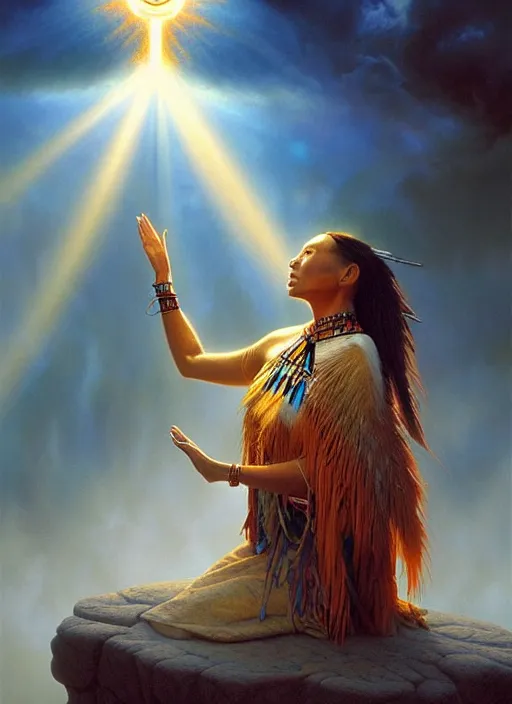 Image similar to a beautiful closeup portrait of an indigenous female shaman receiving particles of loving light energy, god rays, matte painting, designed by dr seuss and michal karcz, by christophe vacher