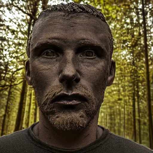 Prompt: A beautiful digital art of a man's head is floating in the air, surrounded by a halo of light. His eyes are wide open and his mouth is gaping in a scream. His hair is wild and his clothes are in tatters. Behind him is a dark, ominous forest. bronze, cool by Hendrik Kerstens brash