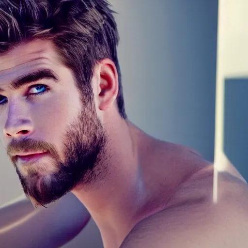 Image similar to a realistic detailed photo of a guy who is an attractive humanoid who is half robot and half humanoid, who is a male android, actor liam hemsworth, shiny skin, posing like a statue, blank stare, by the pool, on display