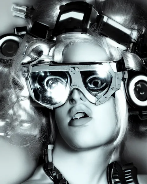 Image similar to centered portrait photo of soulful young anna nicole smith as a solarpunk mecha humanoid robotic parts wearing goggles with bright lights, real human face, pudica pose, inside white room, ultra - realistic and detailed, 8 k