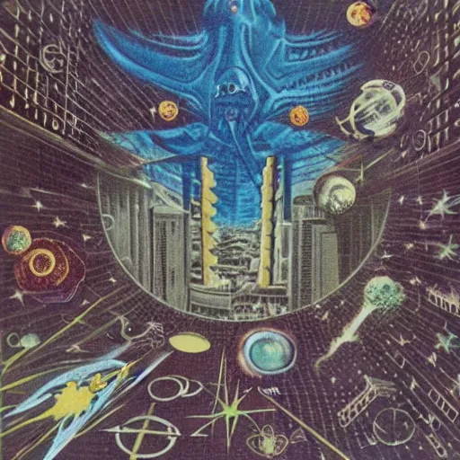 Image similar to cosmic eldritch space squid consuming a city on neptun, epic surrealism, elegant, dreadful cut out collage, 1974