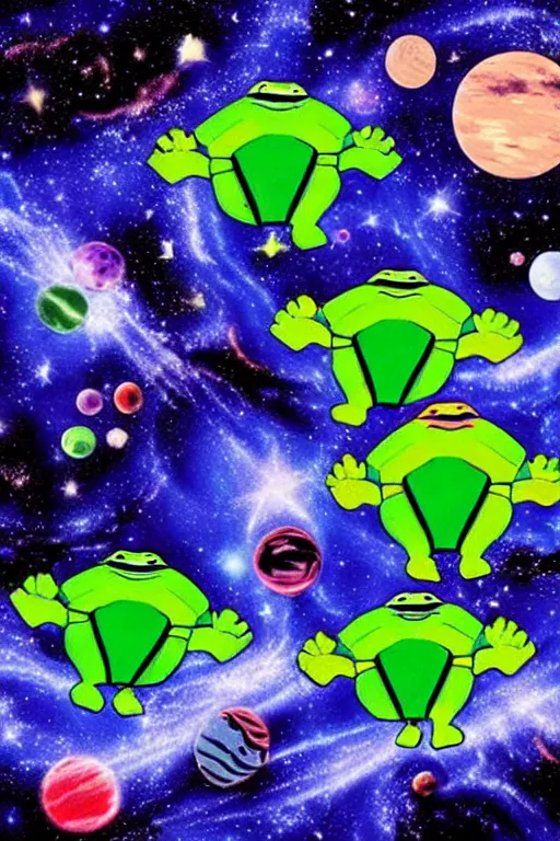 Prompt: the ninja turtles floating in deep space with a beautiful galaxy behind them