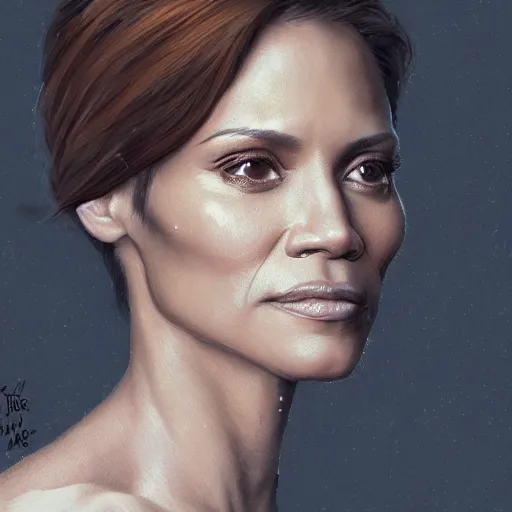 Image similar to portrait of maci holloway, first woman elected as president in usa, cold but beautiful, about 3 5 years old, highly detailed, mix of halle berry and julia roberts gong li,, artstation hd, deviantart, by artgem, greg rutkowski