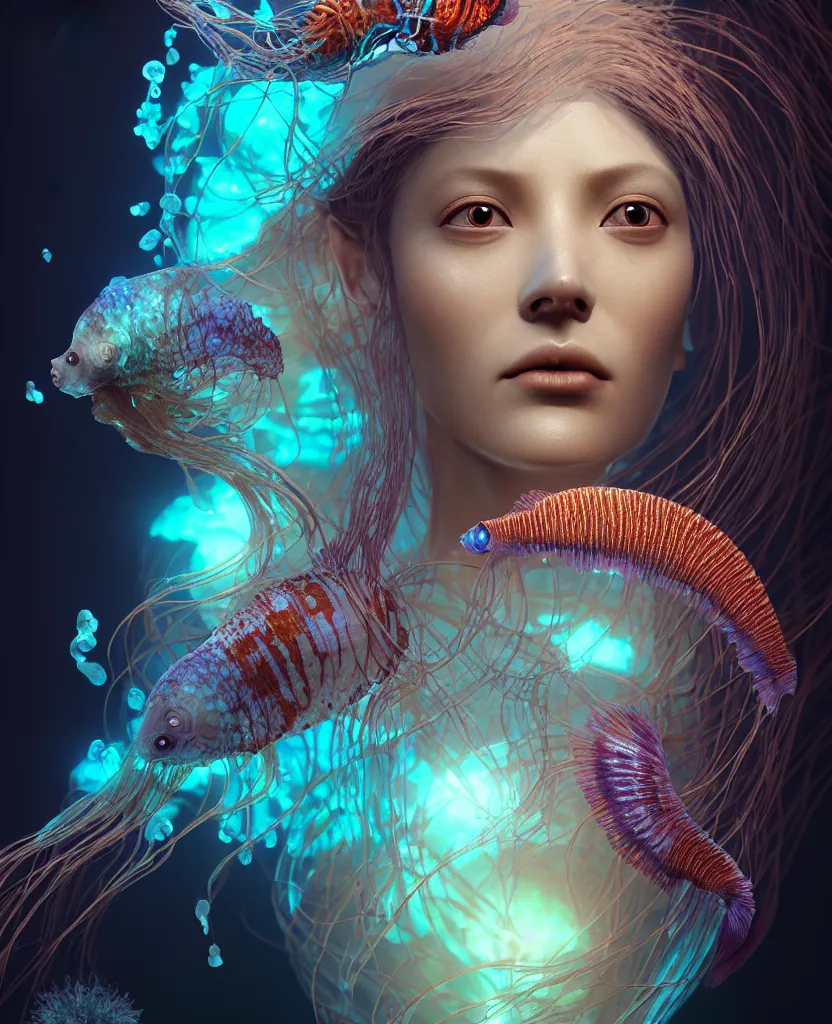 Image similar to goddess close-up portrait. jellyfish phoenix head, nautilus, orchid, skull, betta fish, bioluminiscent creatures, intricate artwork by Tooth Wu and wlop and beeple. octane render, trending on artstation, greg rutkowski very coherent symmetrical artwork. cinematic, hyper realism, high detail, octane render, 8k