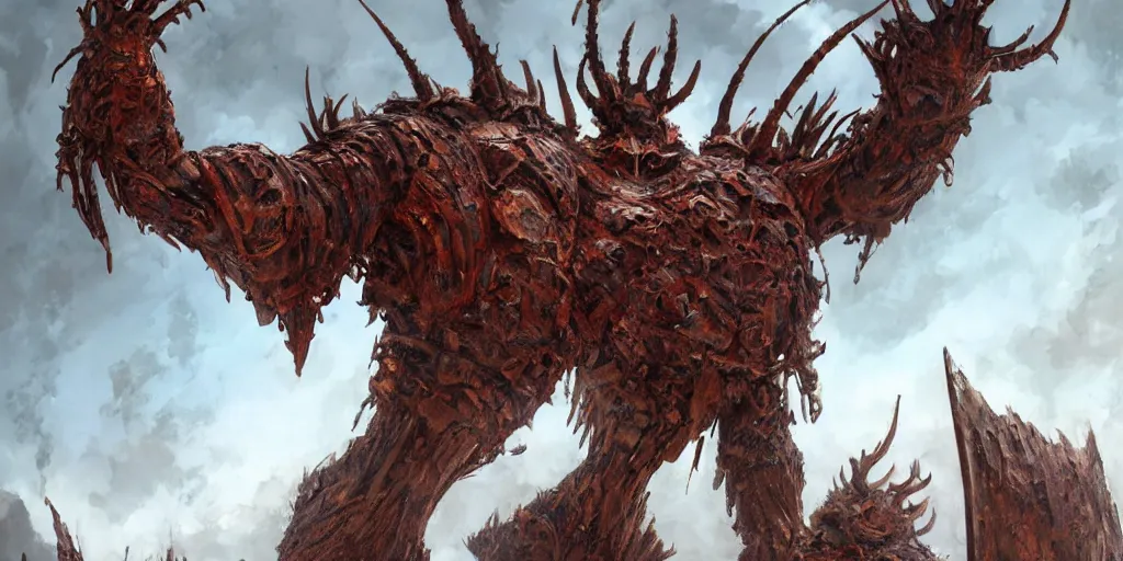 Image similar to Rusted copper four armed colossus, character design sheet, Monster Hunter Illustrations art book, giant, trees growing on its body, enormous hands, long limbs, horns on its head, bright pale blue eyes, Moebius, Greg Rutkowski, Zabrocki, Karlkka, Jayison Devadas, Phuoc Quan, trending on Artstation, 8K, ultra wide angle, zenith view, pincushion lens effect.