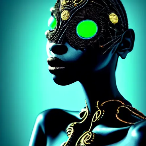 Image similar to portrait of an absurdly beautiful, graceful, sophisticated, fashionable black cyberpunk mechanoid gravure idol, ultrafine hyperdetailed illustration by irakli nadar, alek wek, matt wisniewski style, intricate linework, ebony skin, neon jellyfish headdress, ivory carved ruff, unreal engine 5 highly rendered, global illumination, radiant light, detailed and intricate environment