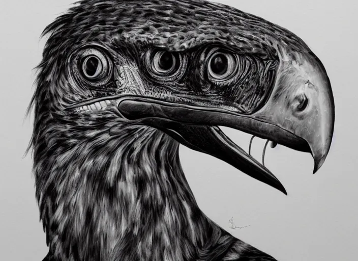 Prompt: a hyper-detailed oil portrait of a large raptor bird; an extraordinary masterpiece!!!; flawless; proud posture; photorealistic eyes; trending on artstation; f/1.4; 90mm