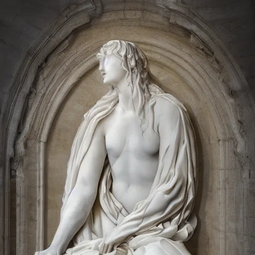 Image similar to a delicate renaissance marble sculpture covered with water veil, highly detailed transparent marble cloth, gi, global illumination, physically based rendering, photorealistic, top light, dark background