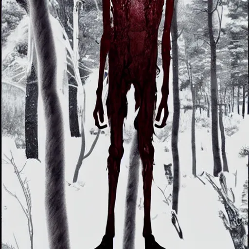 Image similar to horrifying digital art of a blood soaked skinwalker, lanky, skinny, pale skin, snow, forest, dark, horrifying