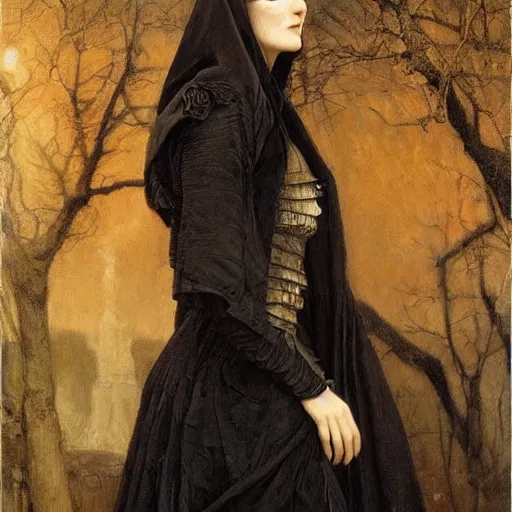 Image similar to portrait of a young women wearing a black cloak with a skull for a face, ultra realistic and highly detailed painting by gaston bussiere and j. c. leyendecker 8 k