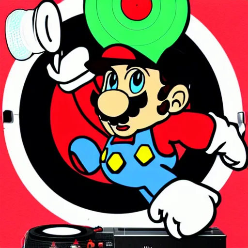 Image similar to svg sticker of a Pop-Wonder SuperMario, Mario-Wearing-a-red-hat, at a rave, spinning records, giant headphones rocking out, wearing headphones, huge speakers, dancing, rave, DJ, spinning records, digital art, amazing composition, rule-of-thirds, award-winning, trending on artstation, featured on deviantart