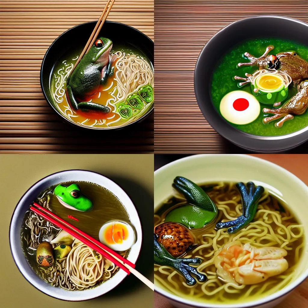 Prompt: frog ramen, hd photo, frog swimming in ramen soup, japanese bowl chopsticks food photo trending on artstation