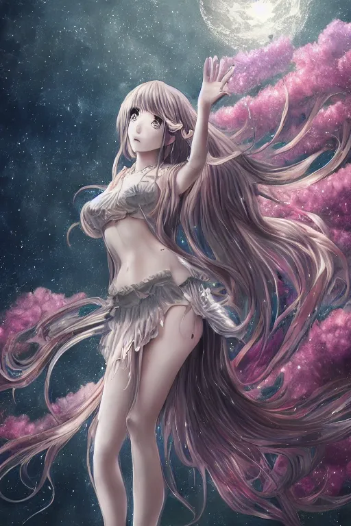 Prompt: Adult anime style girl on the moon waving, fantasy, intricate, elegant, highly detailed, digital painting, 4k, HDR, concept art, smooth, sharp focus, illustration, art by Serafleur