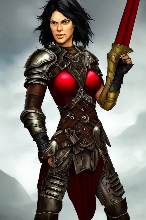 Image similar to realistic character portrait : female warrior, 2 7 years old. her face resembles jaimie alexander. her hair is short, straight, and raven black. she is fair - complected but tan. she is tall and gracile, except for her thick muscular arms and her ample bust. she wears sleeveless red & black practical leather armor with golden highlights that leaves only her muscular arms exposed.