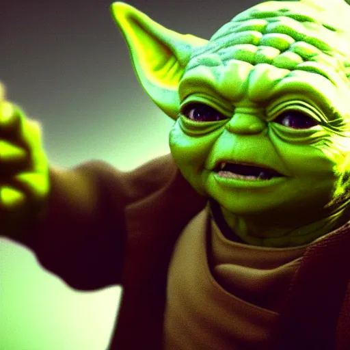 Image similar to yoda as the hulk, splash art, movie still, cinematic lighting, dramatic, octane render, long lens, shallow depth of field, bokeh, anamorphic lens flare, 8 k, hyper detailed, 3 5 mm film grain