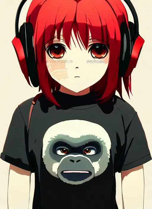 Image similar to portrait of anime style baby gorilla, sunny sky background, lush landscape, illustration concept art anime key visual trending pixiv fanbox by wlop and greg rutkowski and makoto shinkai and studio ghibli and kyoto animation, symmetrical facial features, black t shirt, red headphones,