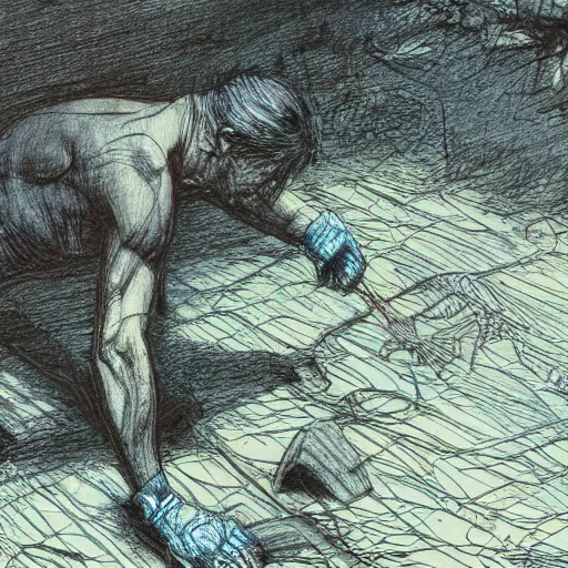 Image similar to a man digging up a dead body, subtle blue, orange, and dark green tones, high quality, high detail, dark colors, sinister atmosphere, dramatic lighting, cinematic, establishing shot, extremely high detail, photo realistic, cinematic lighting, pen and ink, intricate line drawings, by Yoshitaka Amano, Ruan Jia, Kentaro Miura, Artgerm, post processed, concept art, artstation, matte painting, style by eddie mendoza, raphael lacoste, alex ross, album artwork