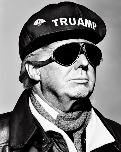 Prompt: headshot of donald trump wearing a leather cap and aviator goggles, he is also wearing an a 2 flight jacket, a long white scarf is wrapped around his neck, he has a 5 o'clock shadow, a crazed angry look on his face