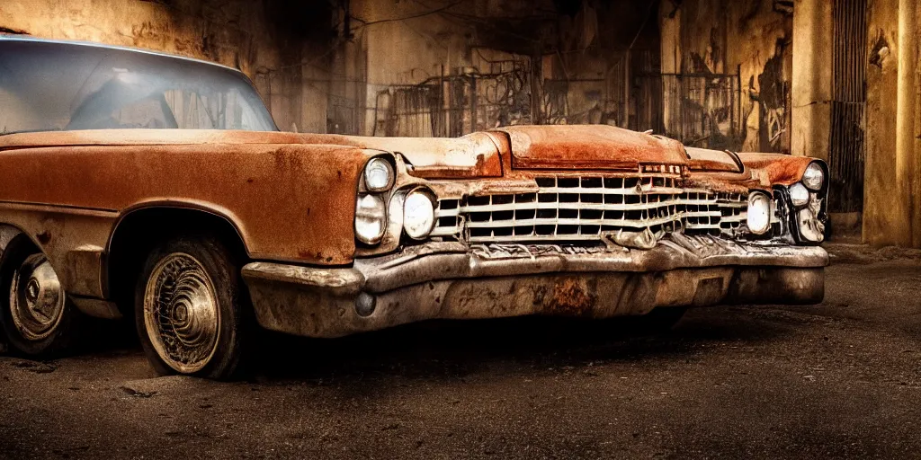 Prompt: a widescreen photo of a old rusty cadillac full with angry children, in a dark alley, low light, by steve mccurry