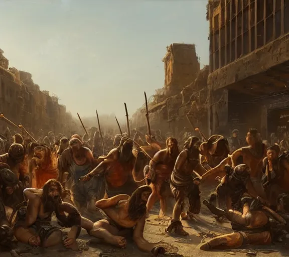 Image similar to an epic matte painting of podcasters, podcasters and YouTube streamers and TikTok stars fighting in the streets of an ancient during the bronze age collapse, soft lighting, very coherent, oil on canvas in the style of John grimshaw,