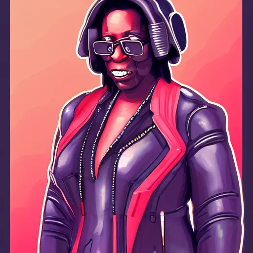 Image similar to cyberpunk robotic whoopi goldberg, sharp lines, digital, artstation, colored in