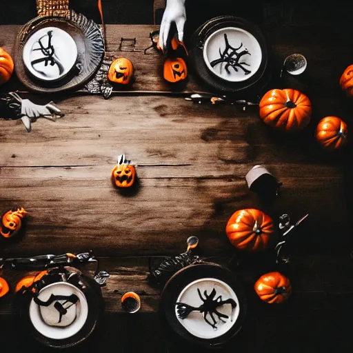 Prompt: creepy halloween aesthetic!!, trending on unsplash, [ 4 k photorealism ]!!, professional photography, [ overhead view of a table ]!!, shot by jimmy nelson