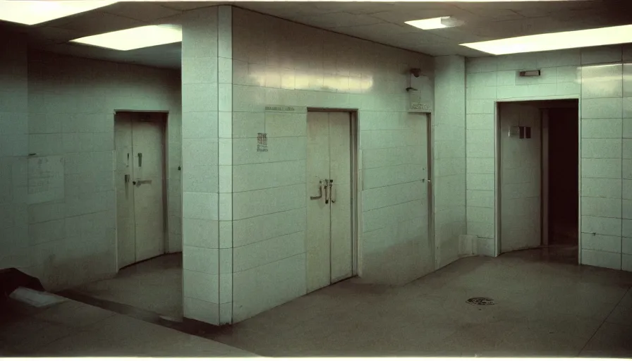 Image similar to 60s movie still of a sovietic stalinist style empty public bathroom, cinestill 800t 50mm eastmancolor, liminal Space style, heavy grain-s 150