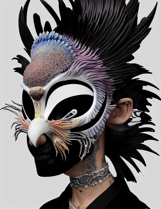 Image similar to 3 d goddess close - up profile portrait punk with mohawk with ram skull. beautiful intricately detailed japanese crow kitsune mask and clasical japanese kimono. betta fish, jellyfish phoenix, bio luminescent, plasma, ice, water, wind, creature, artwork by tooth wu and wlop and beeple and greg rutkowski