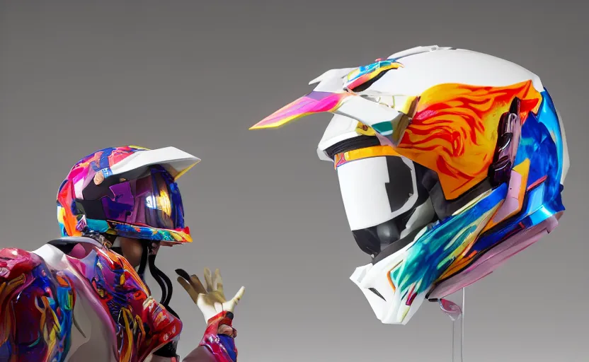 Prompt: beautifully lit photo of a white marble statue of an anime girl with colorful motocross logos and motorcycle helmet with closed visor, colorful smoke in the background, carved marble statue, fine art, in the style of brancusi, neon genesis evangelion, virgil abloh, offwhite, denoise, highly detailed, 8 k, hyperreal