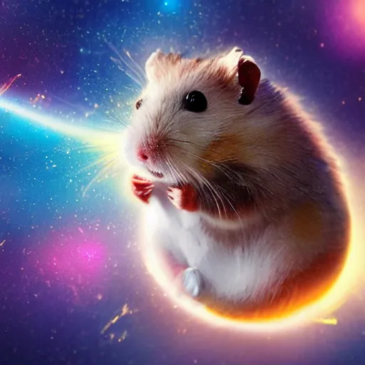 Image similar to Epic digital art of cute hamster flying in galaxy, the best on ArtStation, cinematic, detalied, high quality, profesional, 8k, CGSociety,