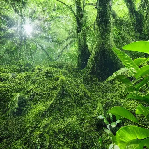 Image similar to ginormous single celled slime amoeba in a dense jungle made of giant trees and dense foliage