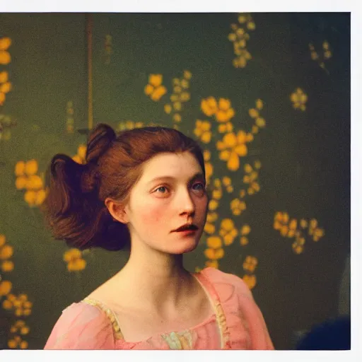 Image similar to close - up of a beautiful flowery girl in a liminal room, film still by wes anderson, depicted by balthus, limited color palette, very intricate, art nouveau, highly detailed, lights by hopper, soft pastel colors, minimalist